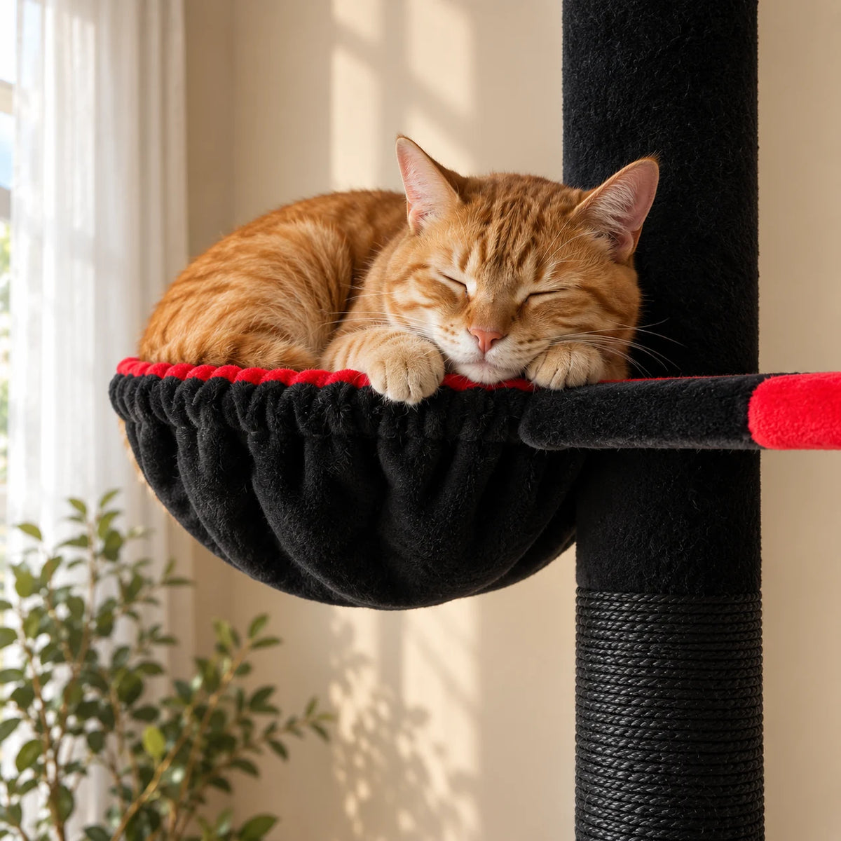 Chat roux endormi dans le hamac noir à bord rouge de l’arbre à chat Ebony
