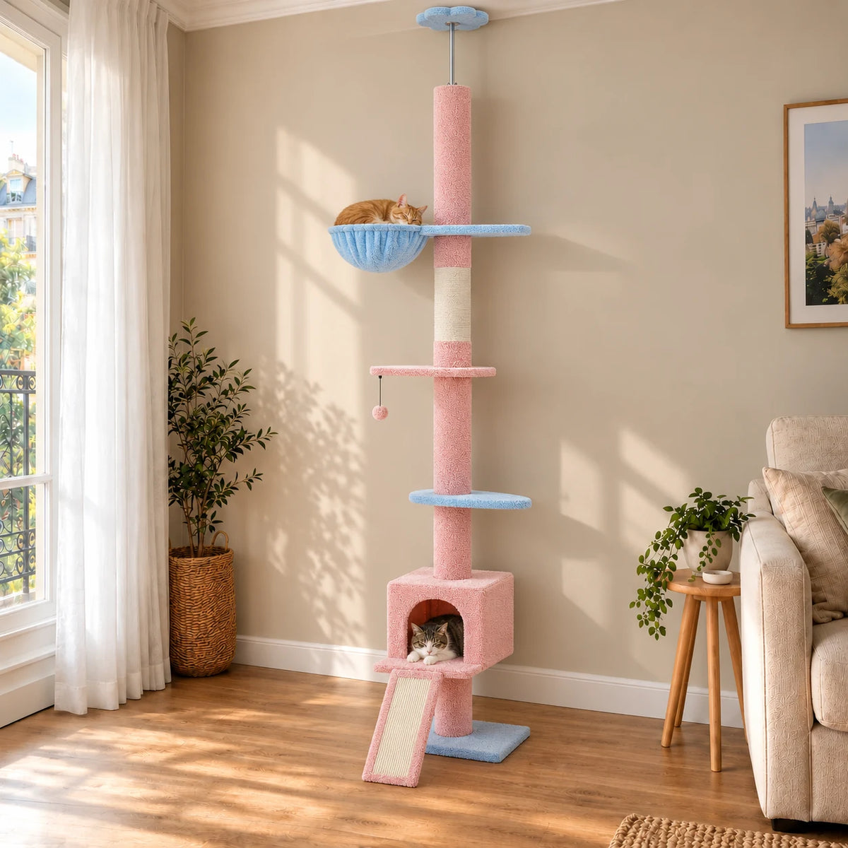 Arbre à chat Bluebell installé contre le mur du salon, avec deux chats endormis dans le hamac et la niche