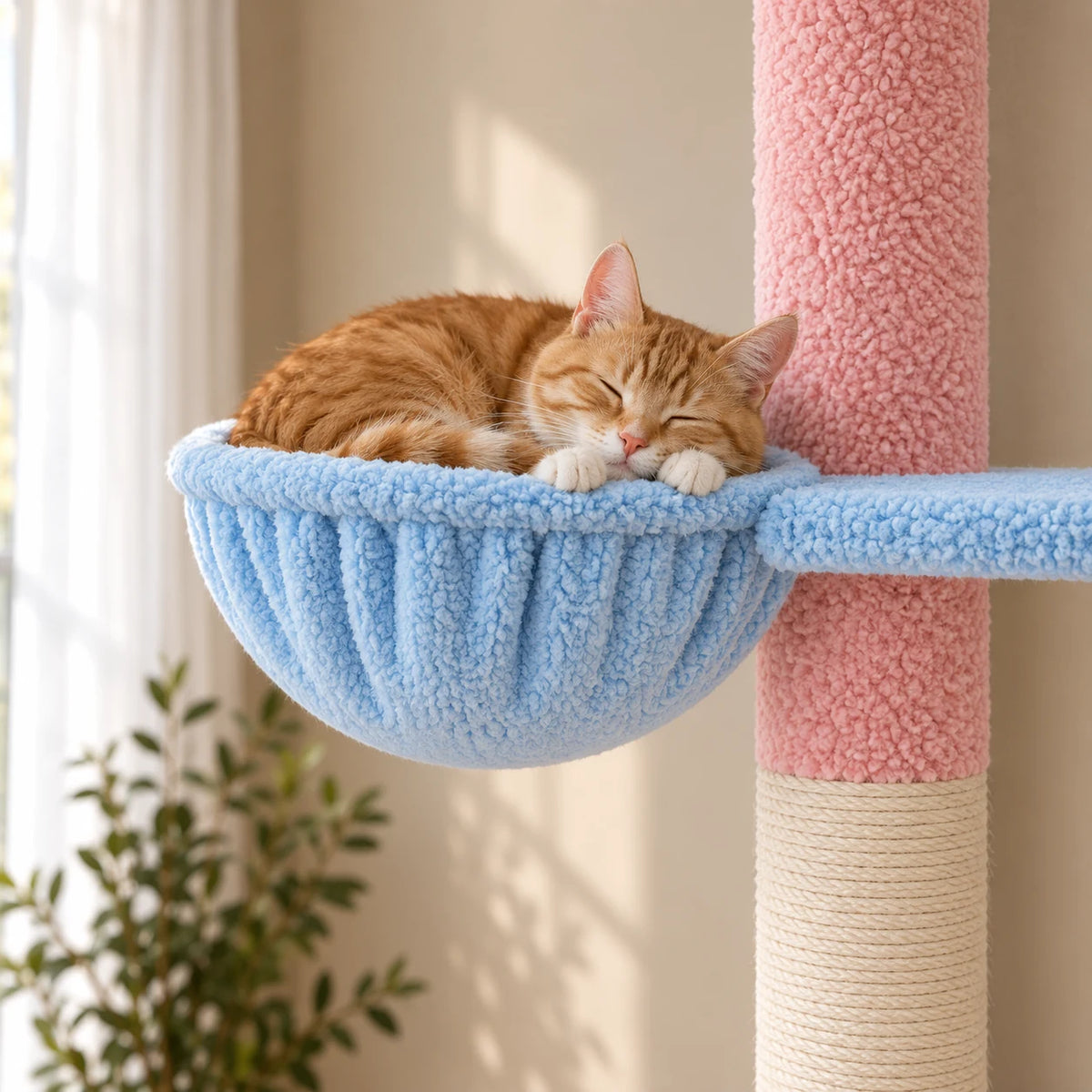 Chat roux endormi dans le hamac bleu de l’arbre à chat Bluebell, gros plan