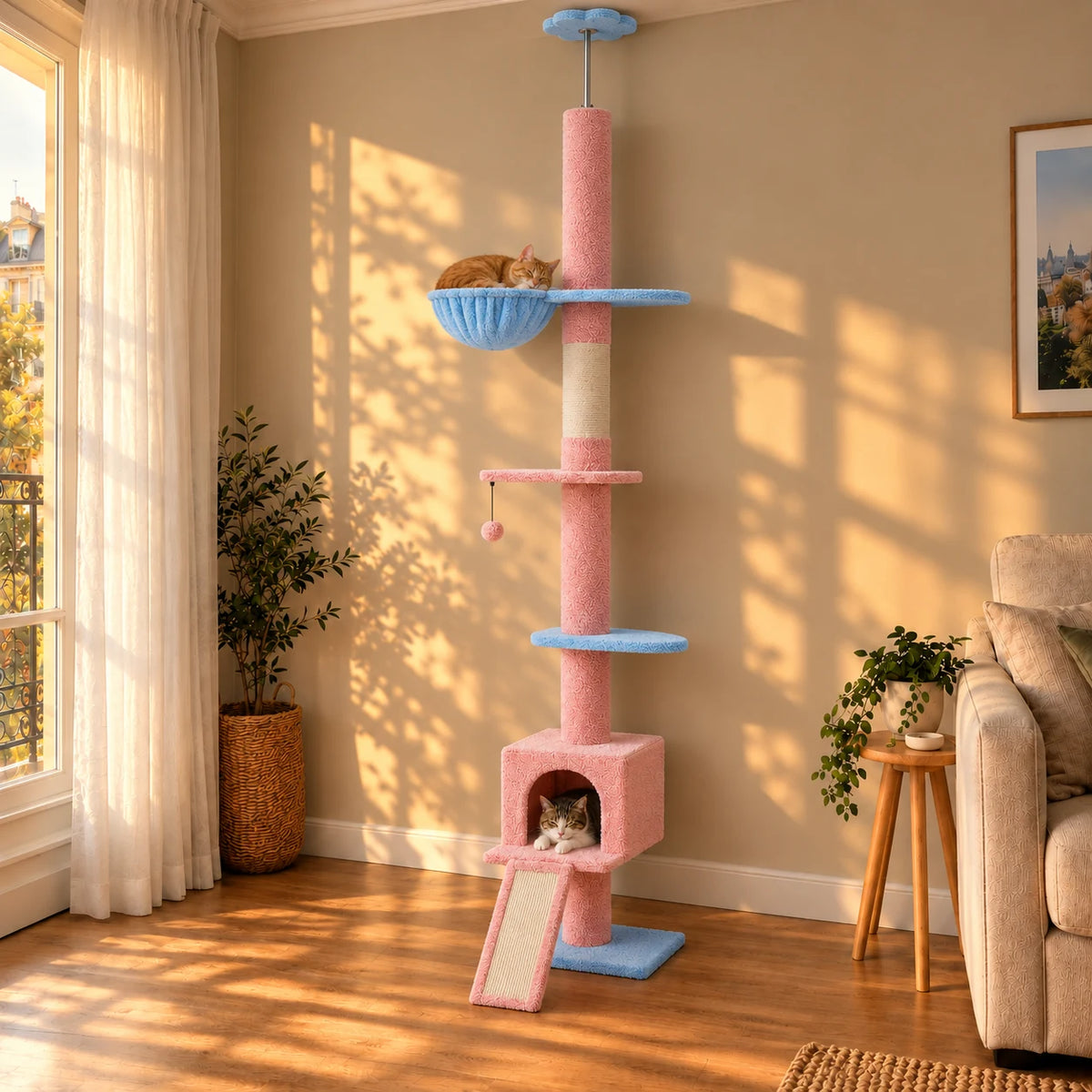 Arbre à chat rose et bleu Bluebell dans le salon au soleil couchant, avec deux chats au repos