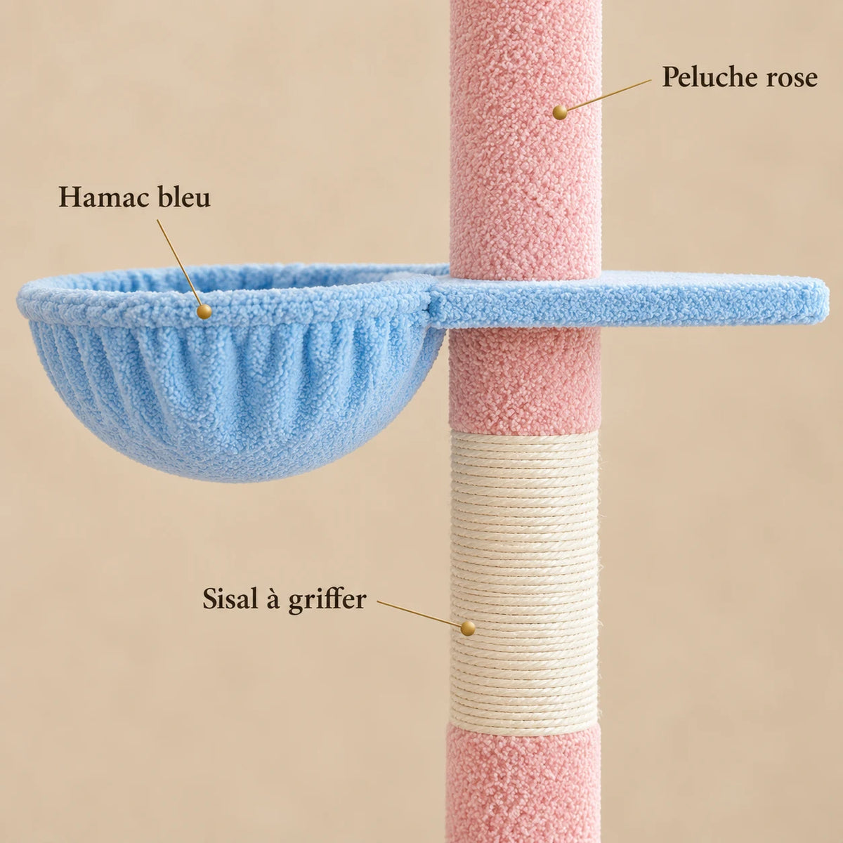 Détails de l’arbre à chat Bluebell : hamac bleu, peluche rose et poteau griffoir en sisal