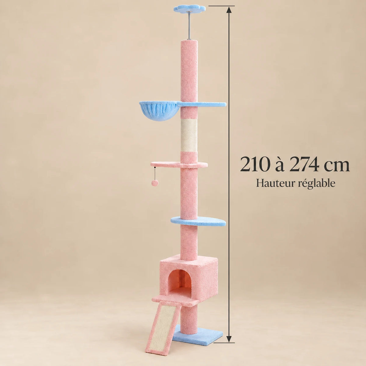 Dimensions de l’arbre à chat Bluebell rose et bleu : hauteur réglable de 210 à 274 cm
