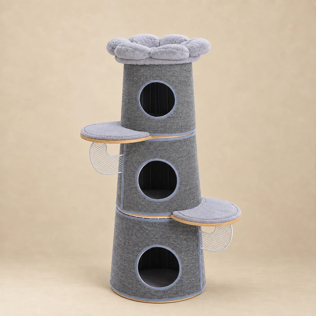 Arbre à chat Marlow gris de 112 cm, tour à trois niches rondes et perchoir fleur sur fond beige