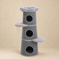 Arbre à chat Marlow gris de 112 cm, tour à trois niches rondes et perchoir fleur sur fond beige