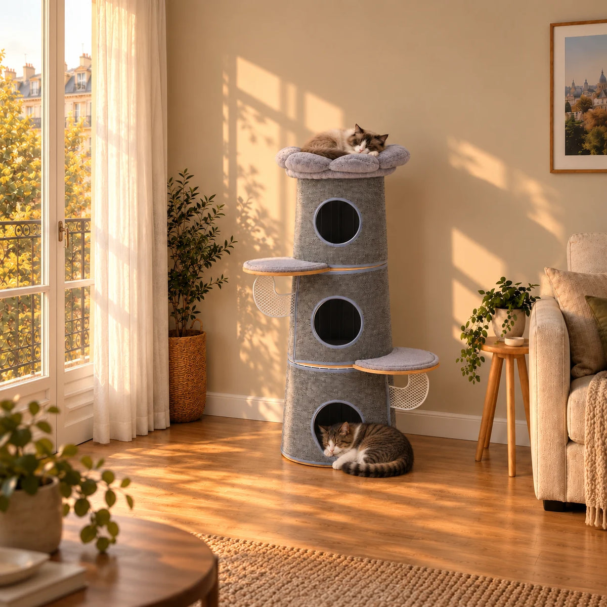 Tour pour chat Marlow grise dans le salon au coucher du soleil, chats endormis