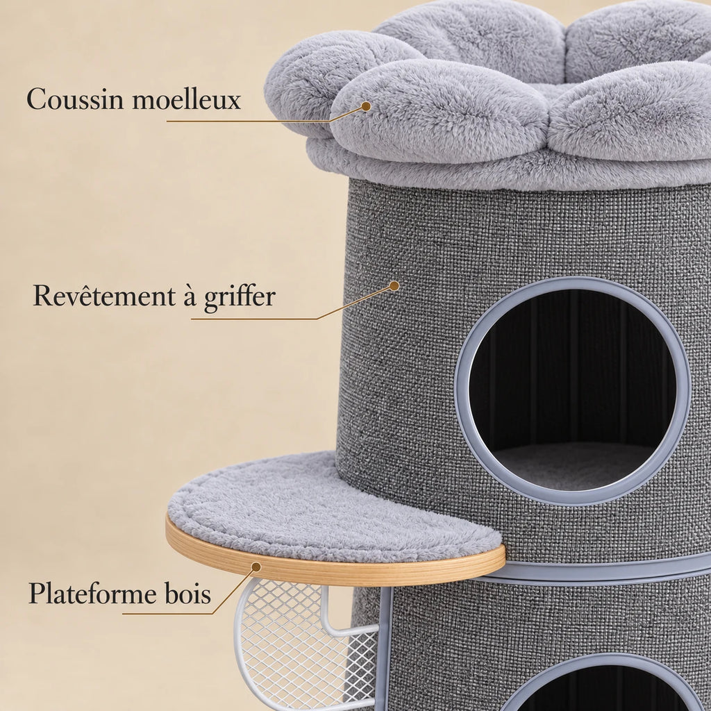 Détails du revêtement à griffer gris, du coussin et des plateformes en bois de l'arbre à chat Marlow