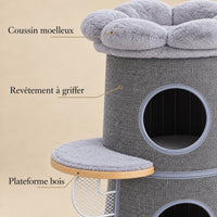 Détails du revêtement à griffer gris, du coussin et des plateformes en bois de l'arbre à chat Marlow