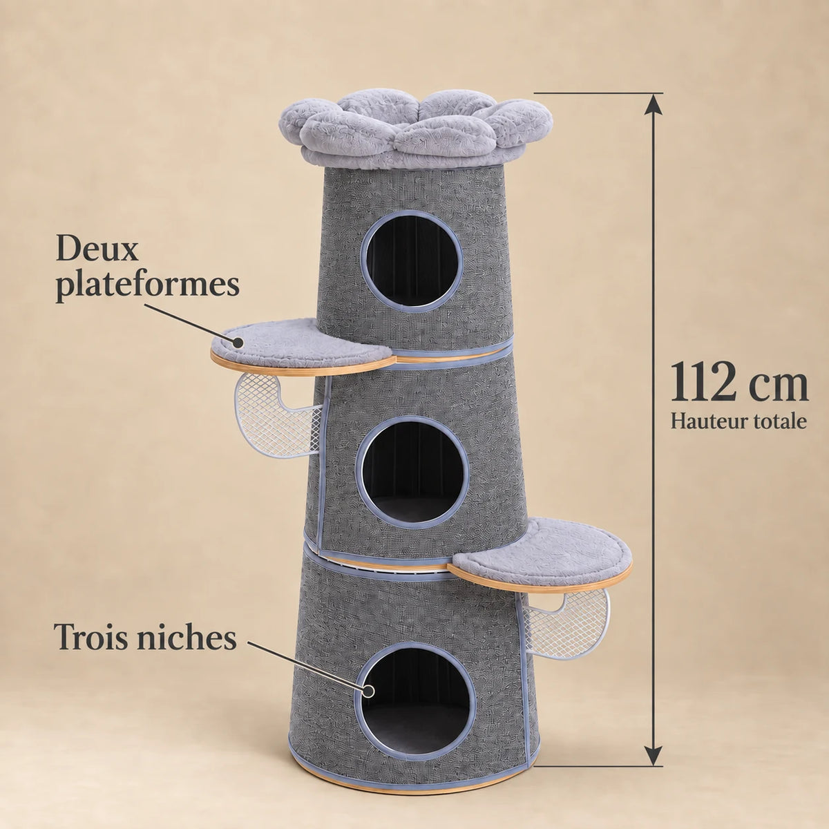 Dimensions de l'arbre à chat Marlow gris : hauteur totale de 112 cm, trois niches et deux plateformes