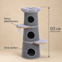 Dimensions de l'arbre à chat Marlow gris : hauteur totale de 112 cm, trois niches et deux plateformes