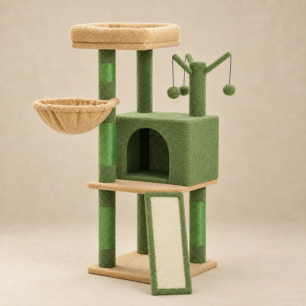 Arbre à chat Moss vert et beige avec niche, hamac et rampe sur fond beige