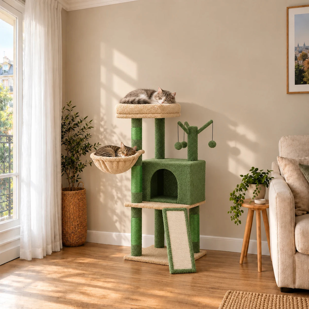 Arbre à chat Moss vert dans un salon avec deux chats endormis sur le perchoir et dans le hamac
