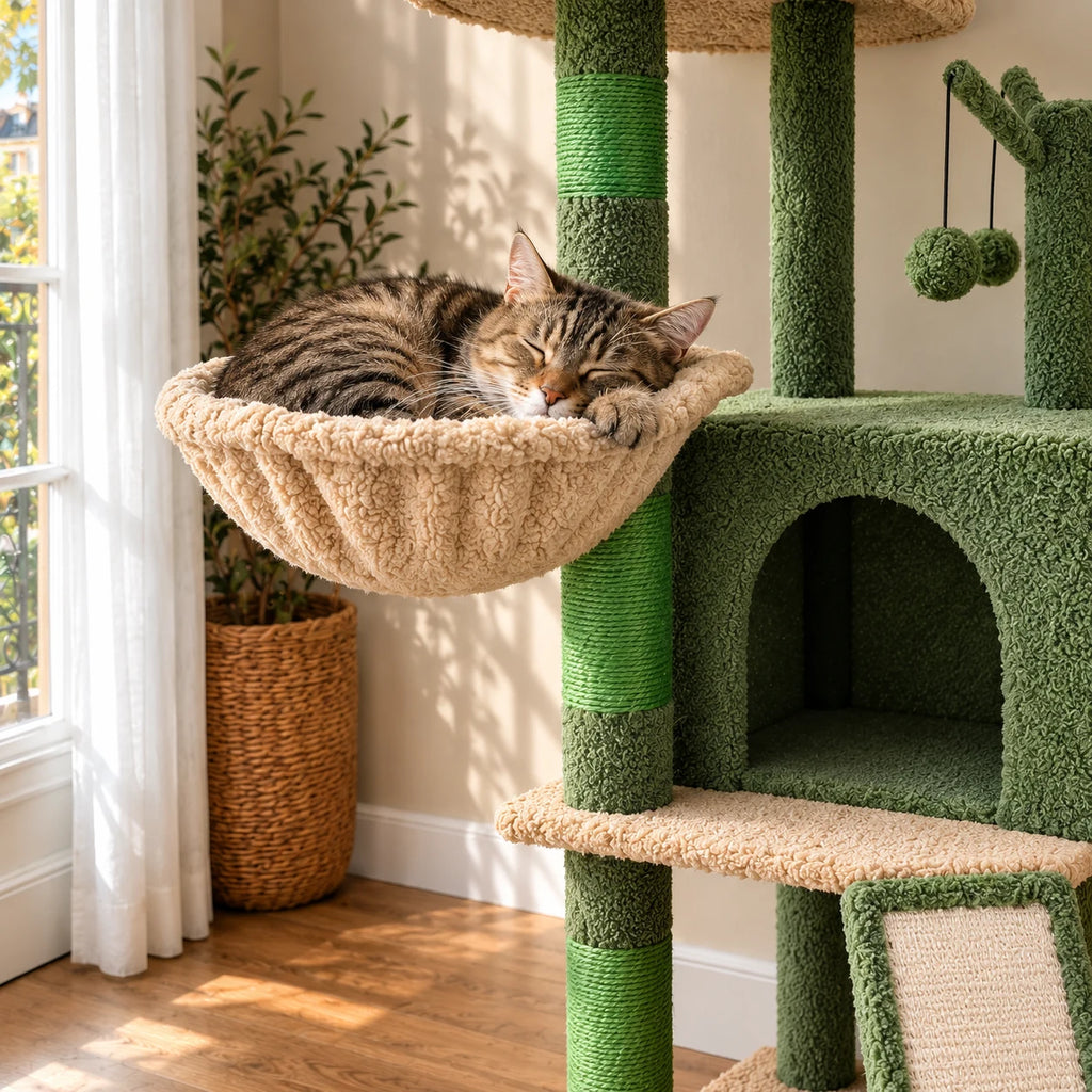 Chat tigré endormi dans le hamac beige de l’arbre à chat Moss vert