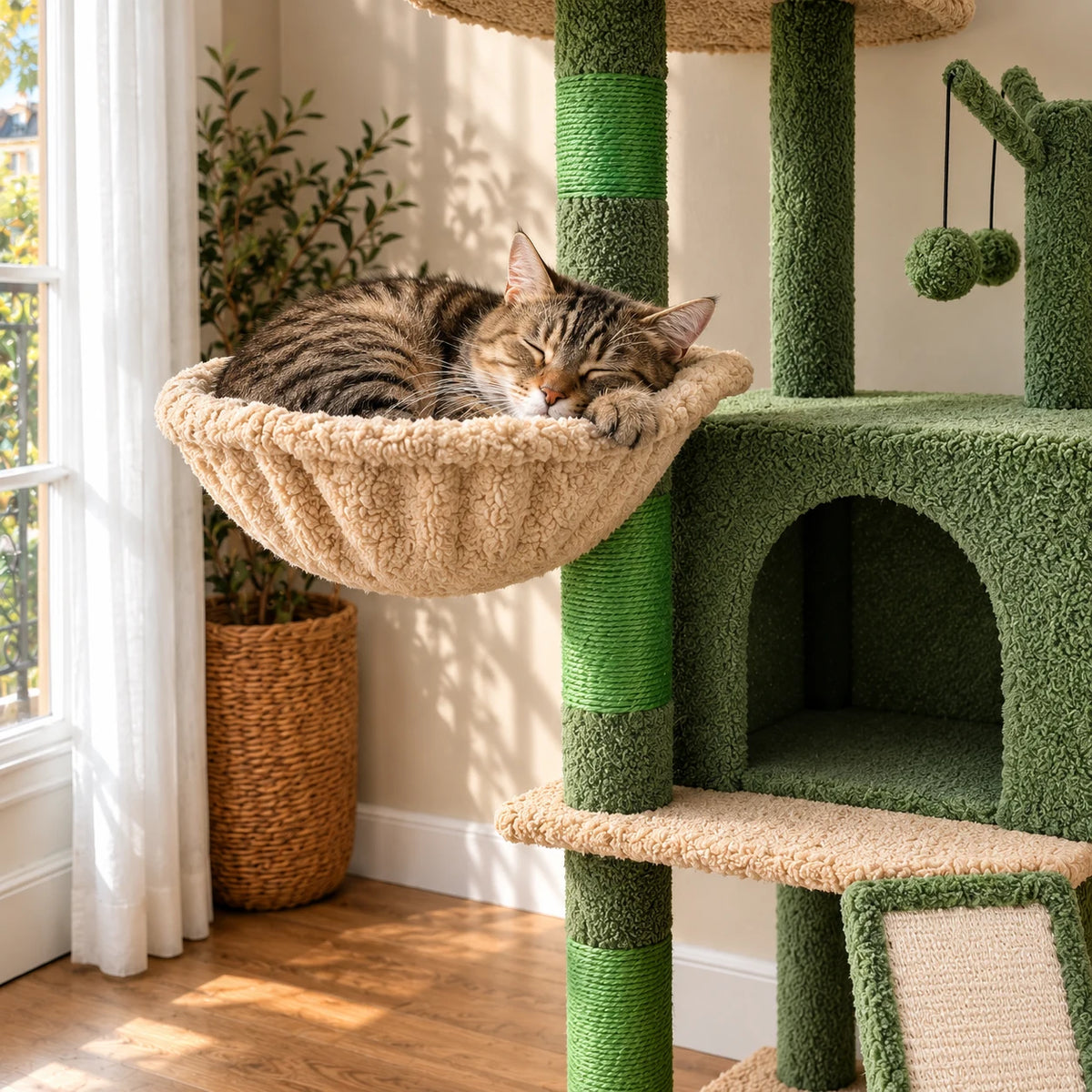 Chat tigré endormi dans le hamac beige de l’arbre à chat Moss vert