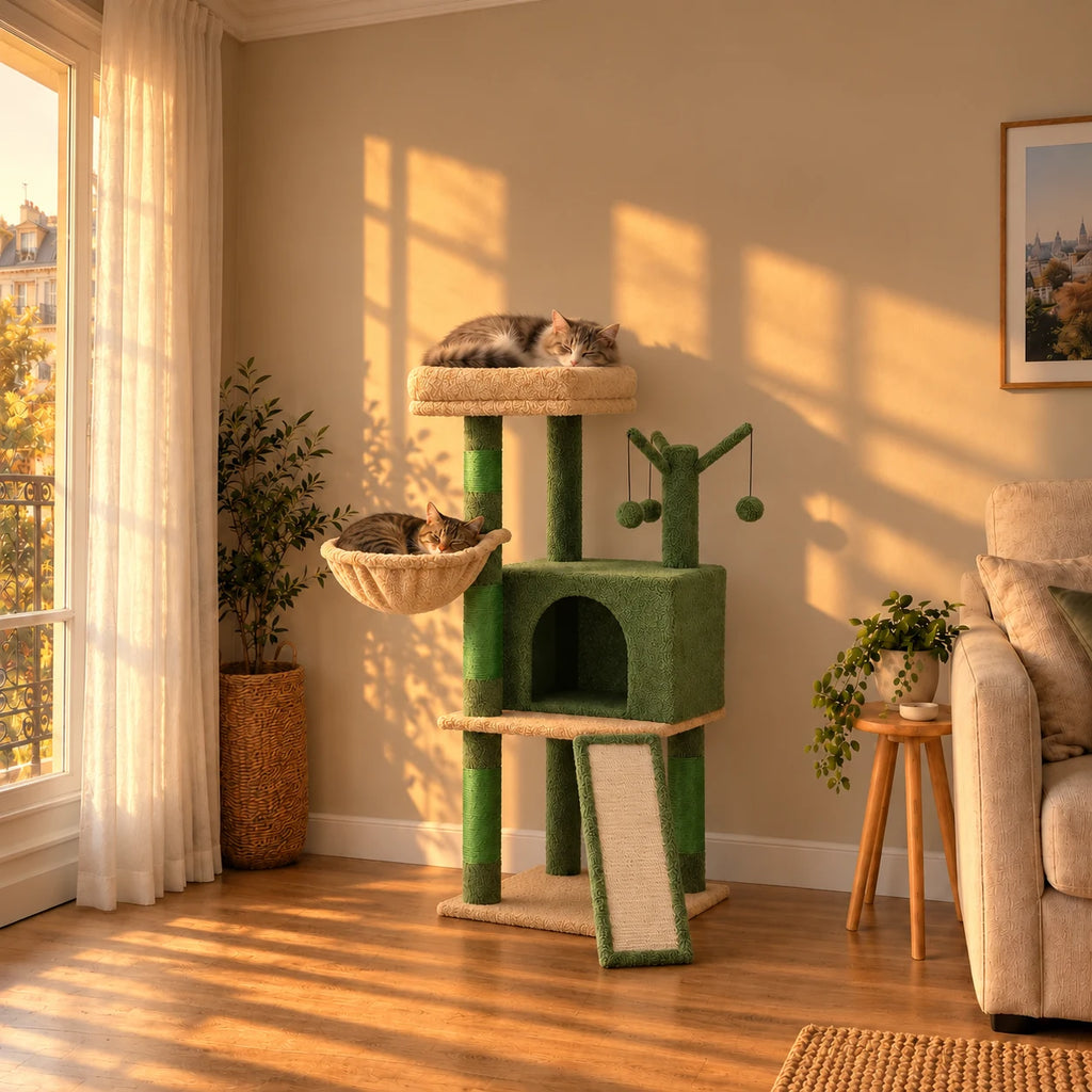 Arbre à chat Moss vert dans le salon au coucher du soleil avec deux chats endormis