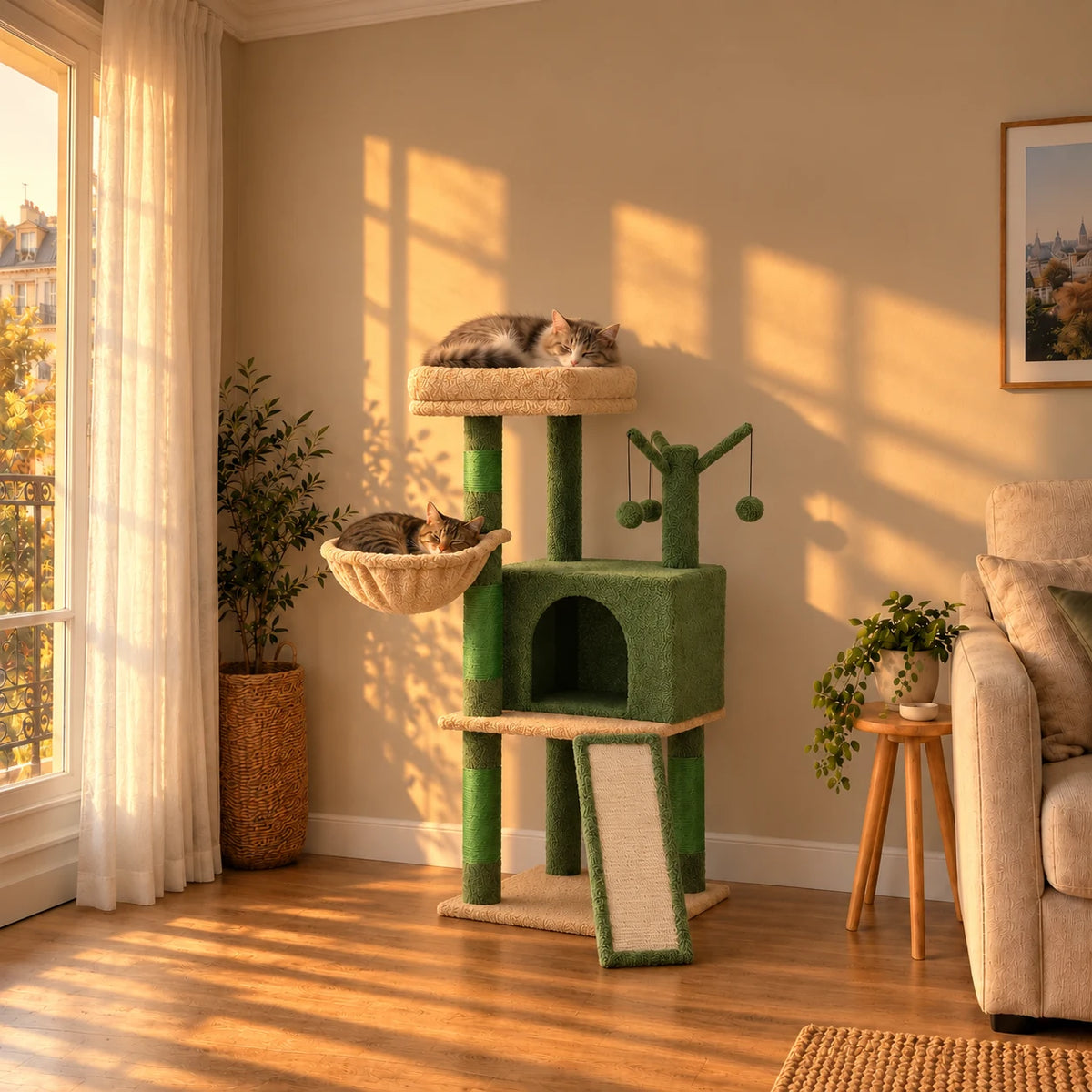 Arbre à chat Moss vert dans le salon au coucher du soleil avec deux chats endormis