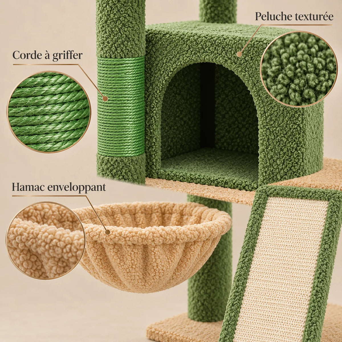 Détails de la peluche texturée, de la corde à griffer et du hamac de l’arbre à chat Moss