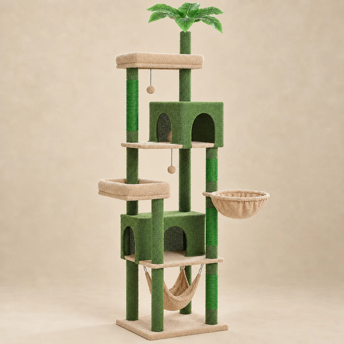 Arbre à chat vert et beige Palmer XXL de 190 cm, vue entière sur fond beige