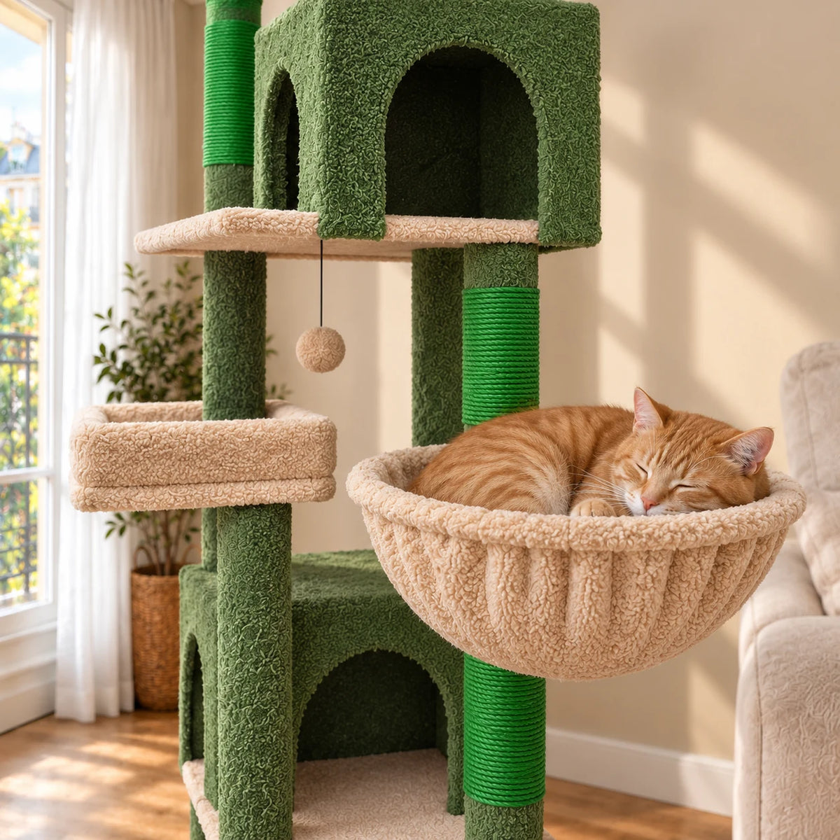 Chat roux endormi dans le hamac coupelle de l'arbre à chat Palmer
