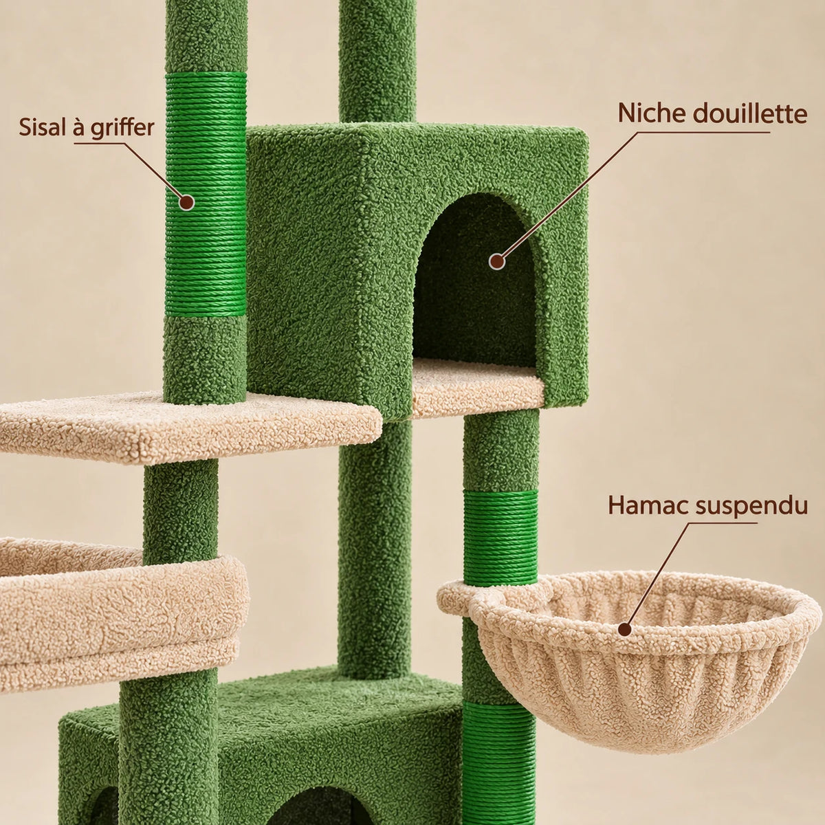 Détails de l'arbre à chat Palmer : sisal vert à griffer, niche verte et hamac beige
