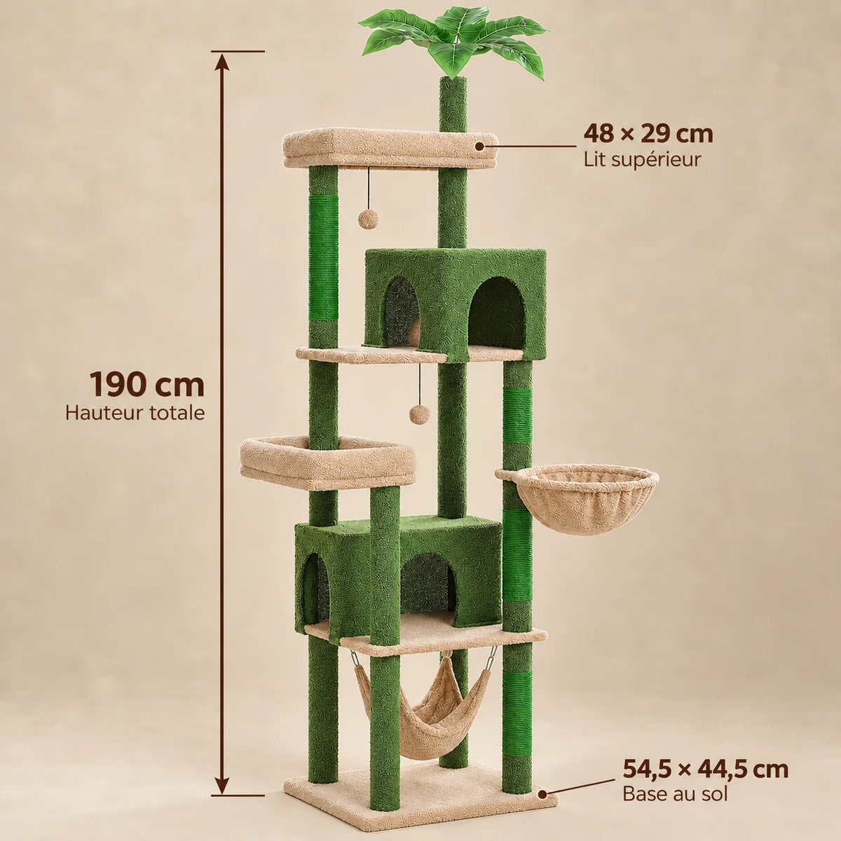 Dimensions de l'arbre à chat Palmer : hauteur 190 cm, lit supérieur 48 × 29 cm et base 54,5 × 44,5 cm