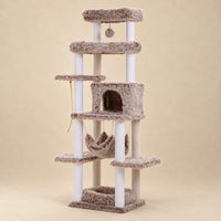 Arbre à chat XXL Acorn taupe de 185 cm avec niche, hamac suspendu, plateformes en peluche longue et poteaux en sisal sur fond beige