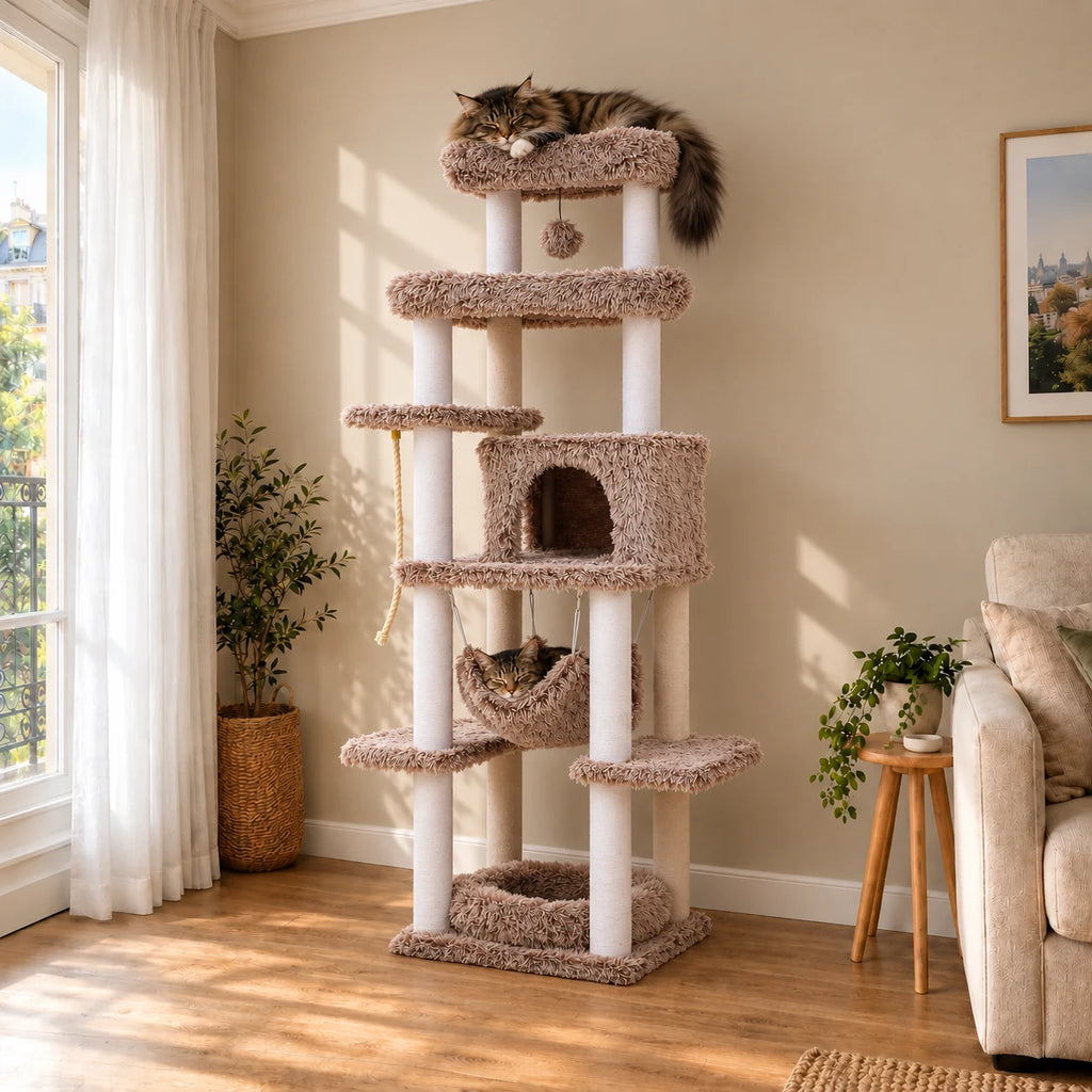 Arbre à chat Acorn taupe de 185 cm dans un salon avec un Maine Coon endormi en haut et un chat dans le hamac