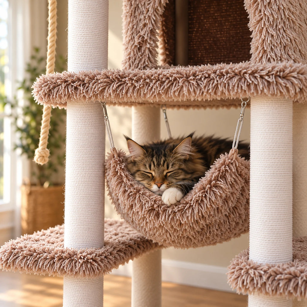 Gros plan d’un chat endormi dans le hamac suspendu de l’arbre à chat XXL Acorn taupe