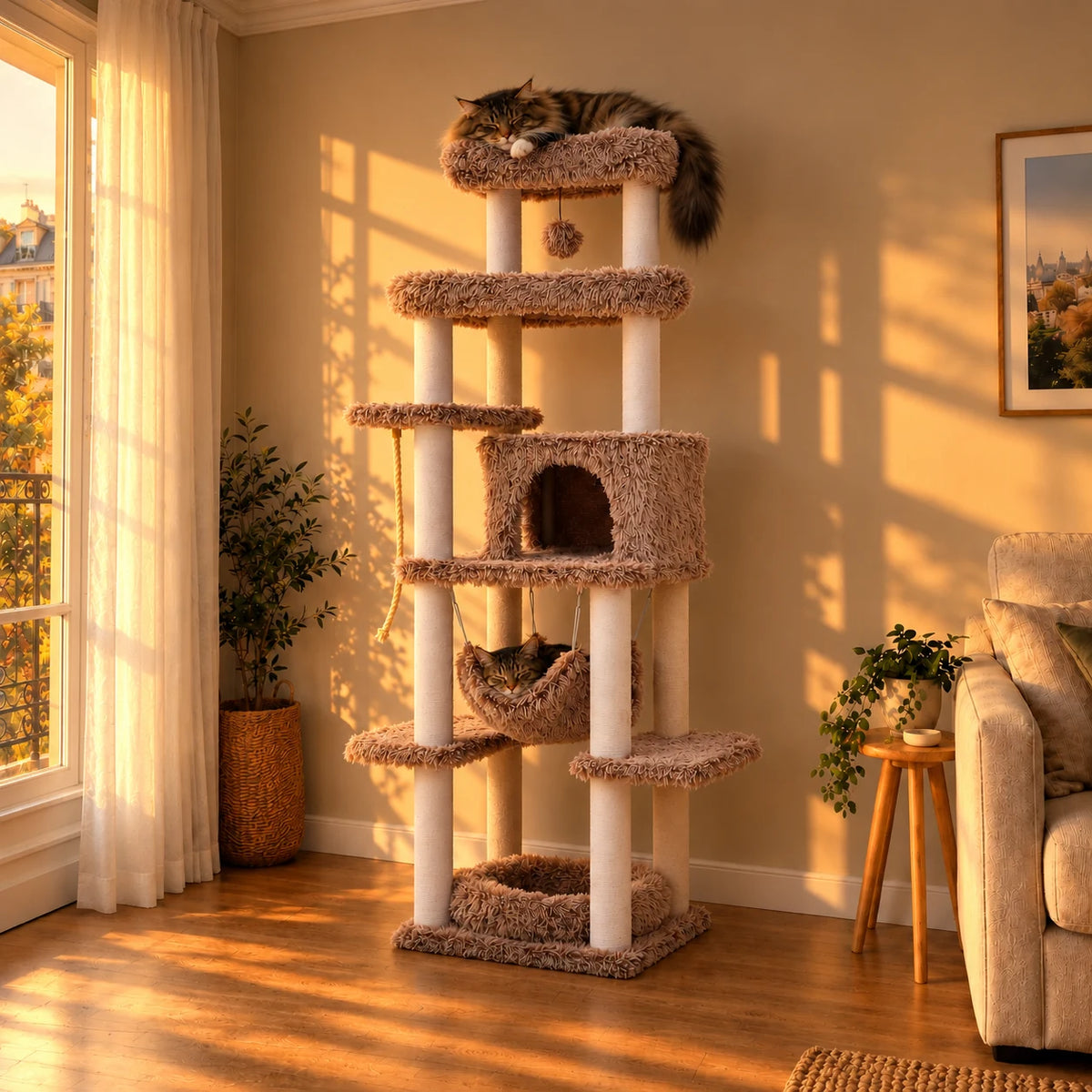 Arbre à chat XXL Acorn taupe dans un salon au coucher du soleil avec deux chats endormis