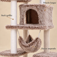 Détails de la peluche longue taupe, des poteaux en sisal et du hamac suspendu de l’arbre à chat Acorn