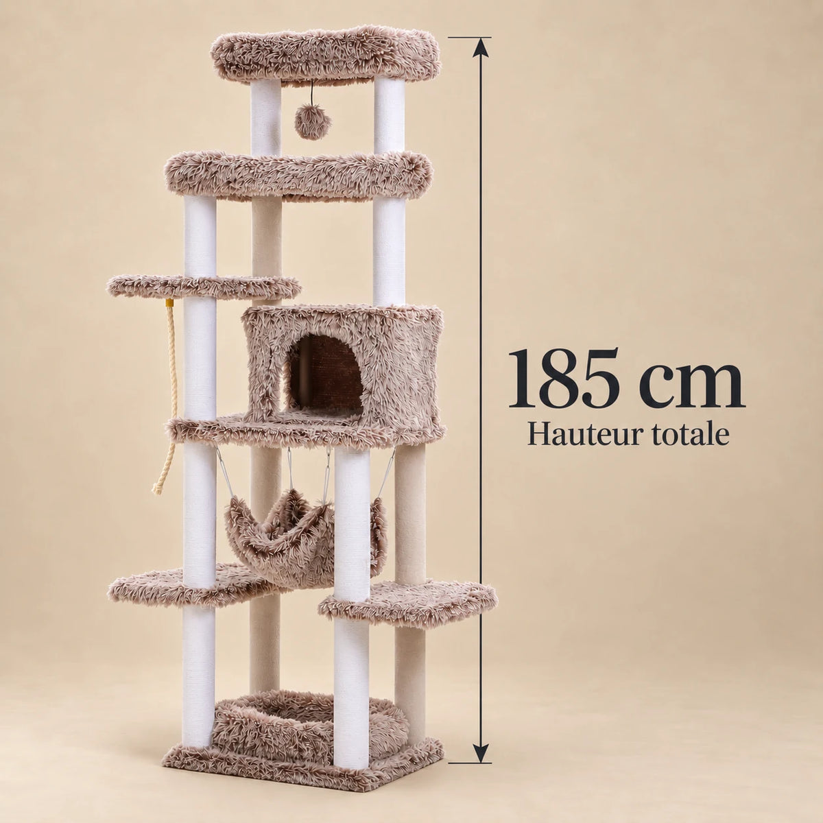 Dimension vérifiée de l’arbre à chat XXL Acorn taupe : hauteur totale de 185 cm