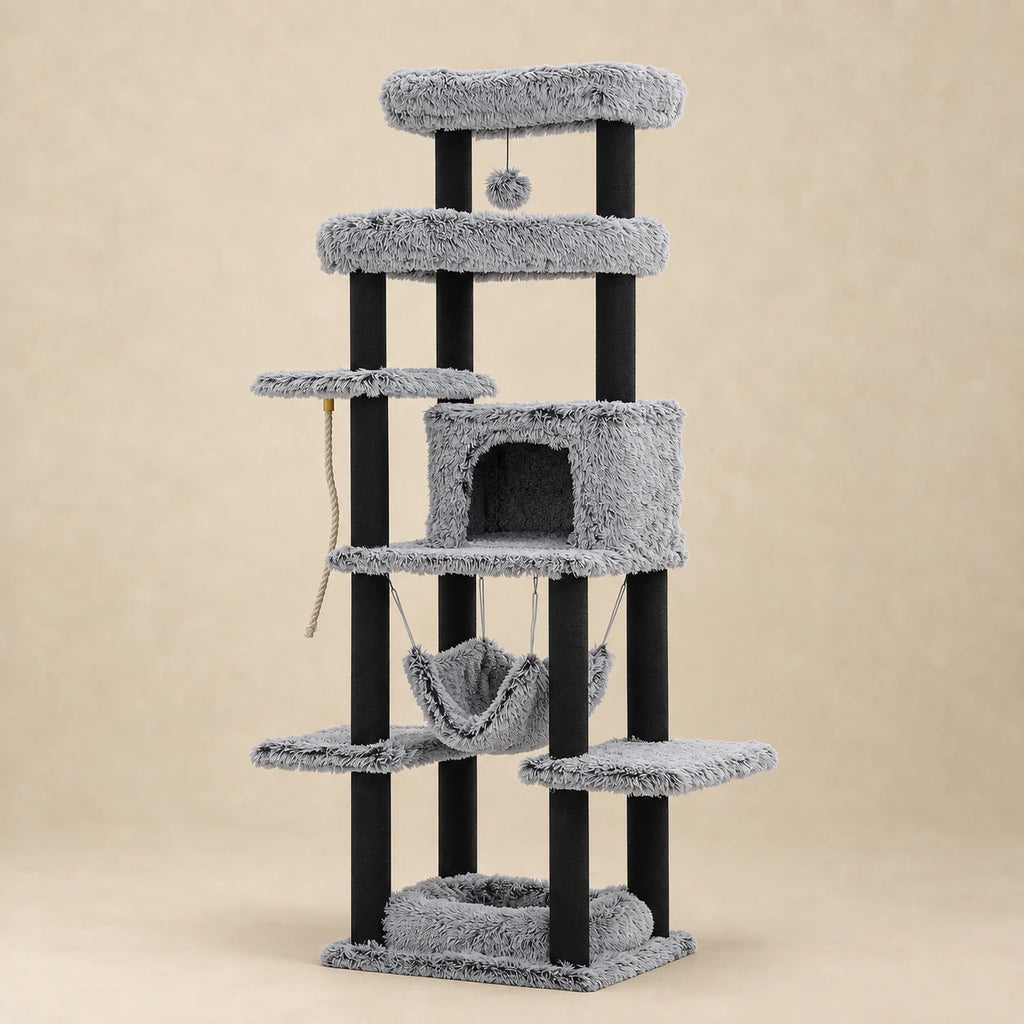 Grand arbre à chat Pebble gris de 185 cm avec niche, hamac et plateformes sur fond beige