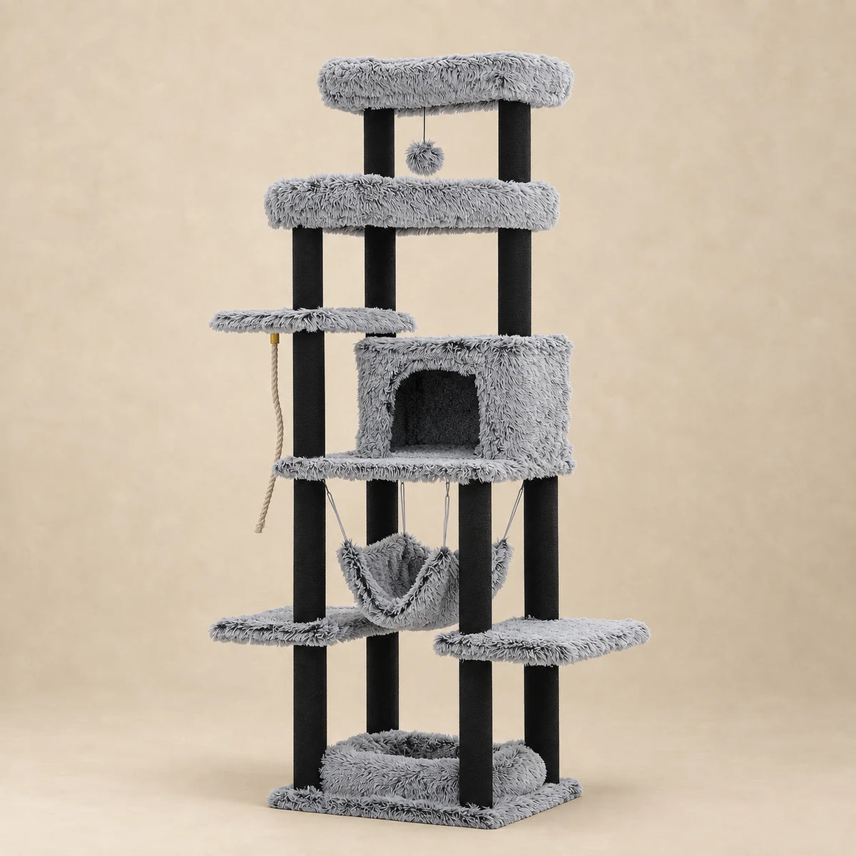 Grand arbre à chat Pebble gris de 185 cm avec niche, hamac et plateformes sur fond beige