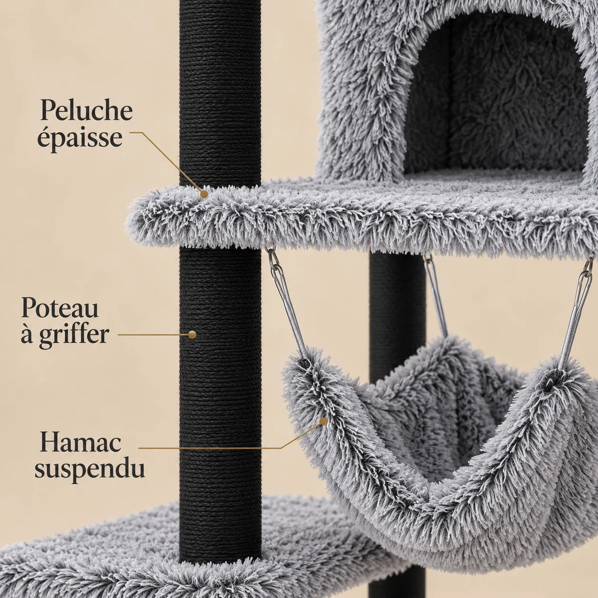 Détails de la peluche épaisse grise, des poteaux à griffer noirs et du hamac Pebble