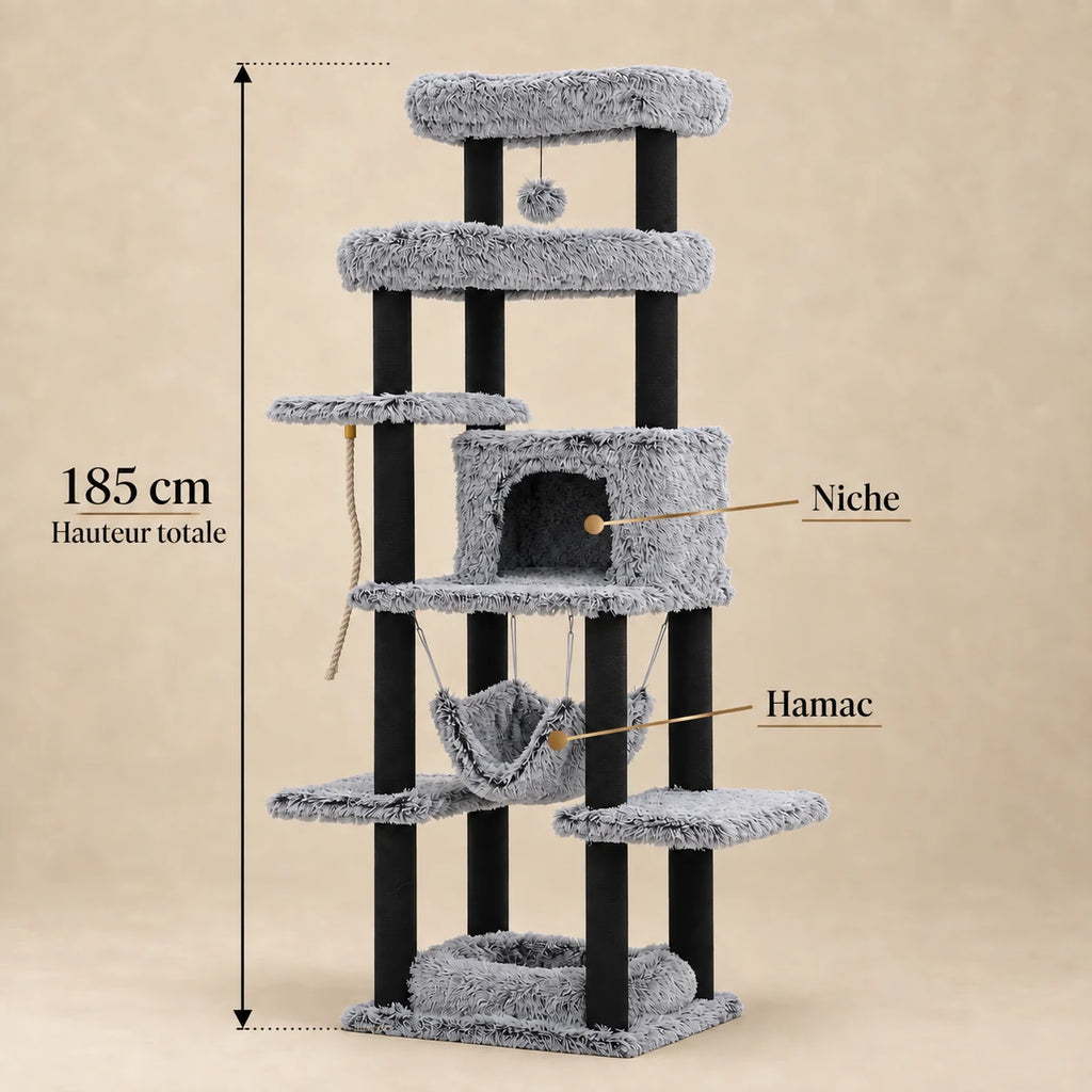 Dimensions de l'arbre à chat Pebble gris : hauteur totale de 185 cm, niche et hamac