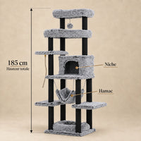 Dimensions de l'arbre à chat Pebble gris : hauteur totale de 185 cm, niche et hamac