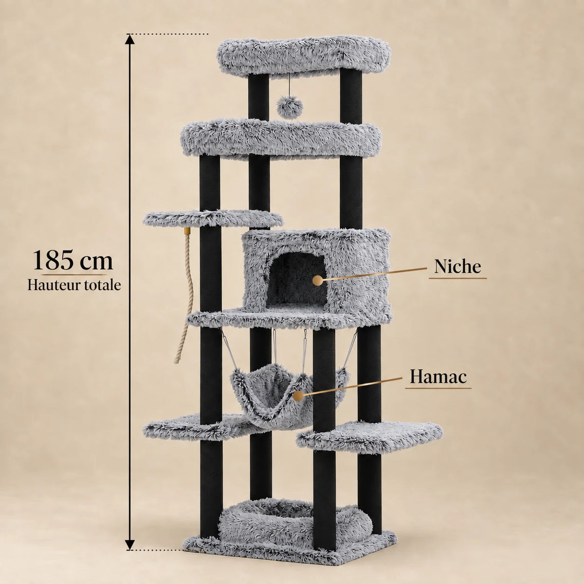 Dimensions de l'arbre à chat Pebble gris : hauteur totale de 185 cm, niche et hamac