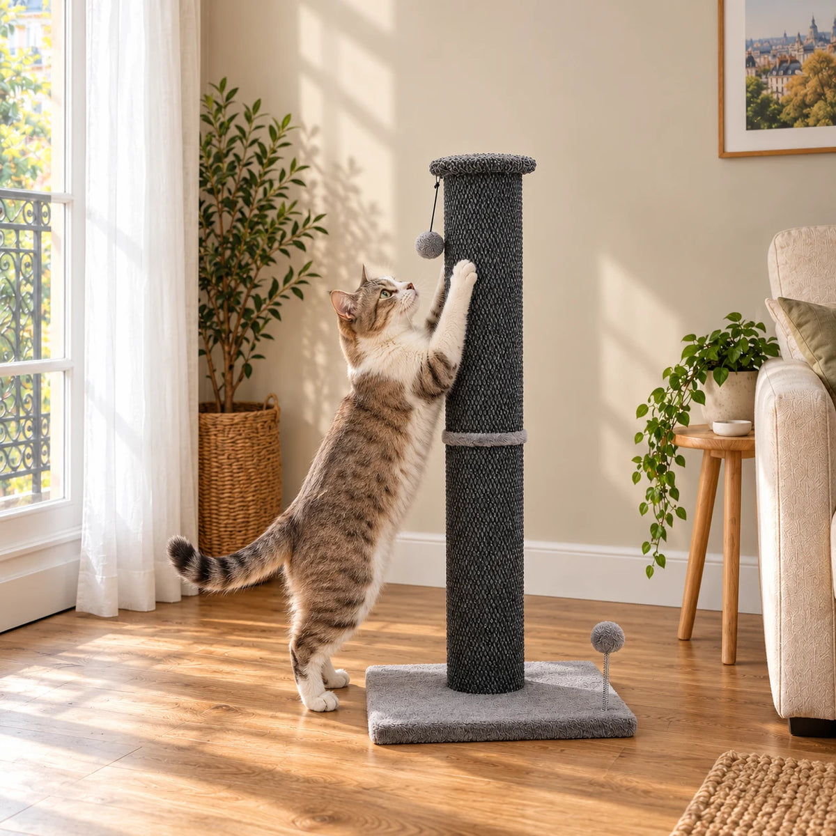 Chat qui s’étire et griffe le grand poteau Obélisque dans un salon
