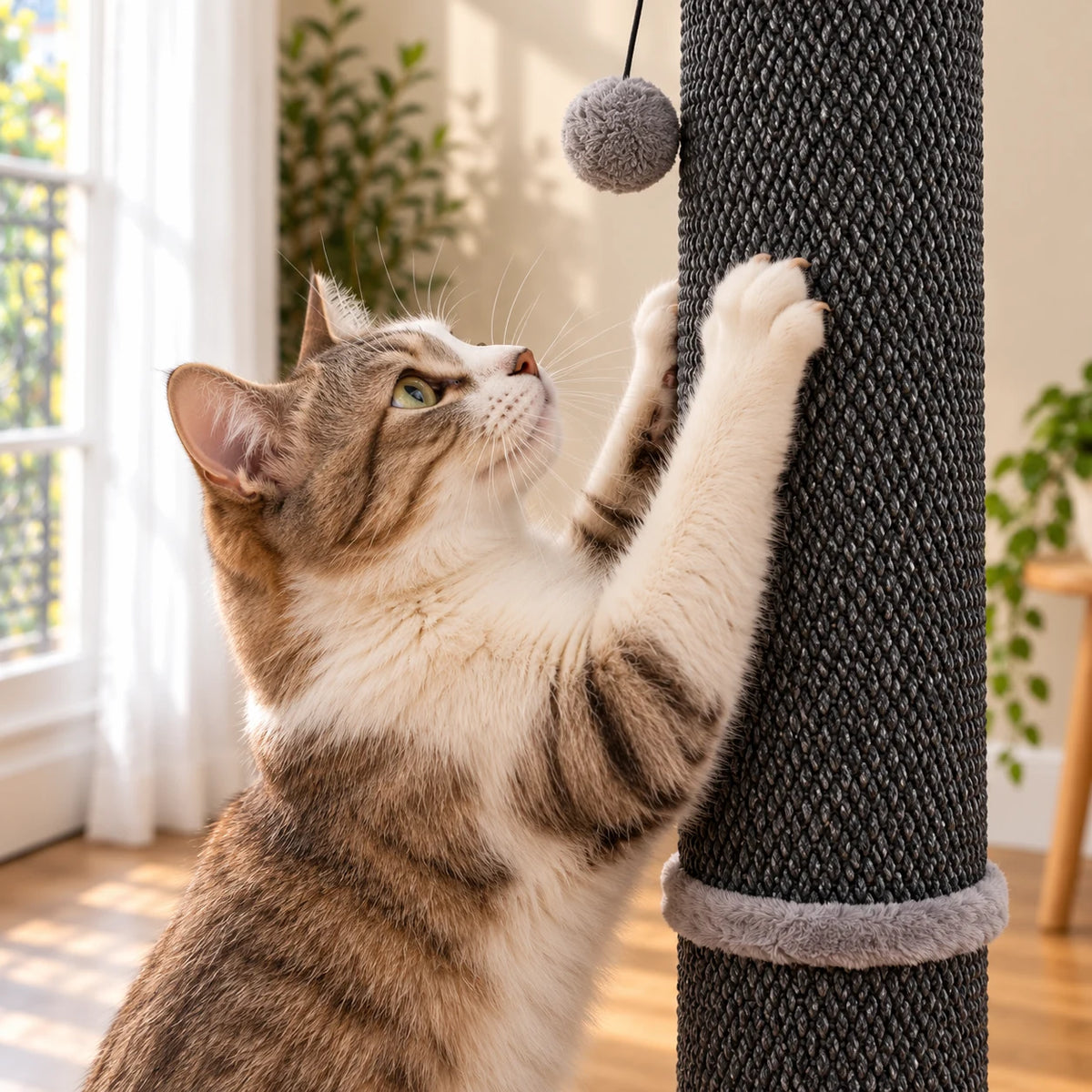 Gros plan d’un chat qui griffe le tissu de sisal anthracite du poteau Obélisque