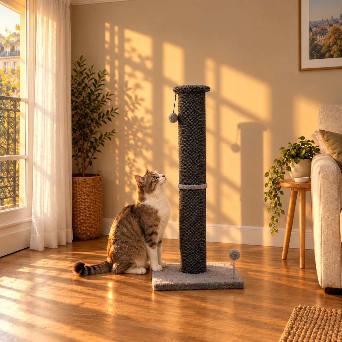Griffoir Obélisque dans un salon au coucher du soleil avec un chat assis près du socle