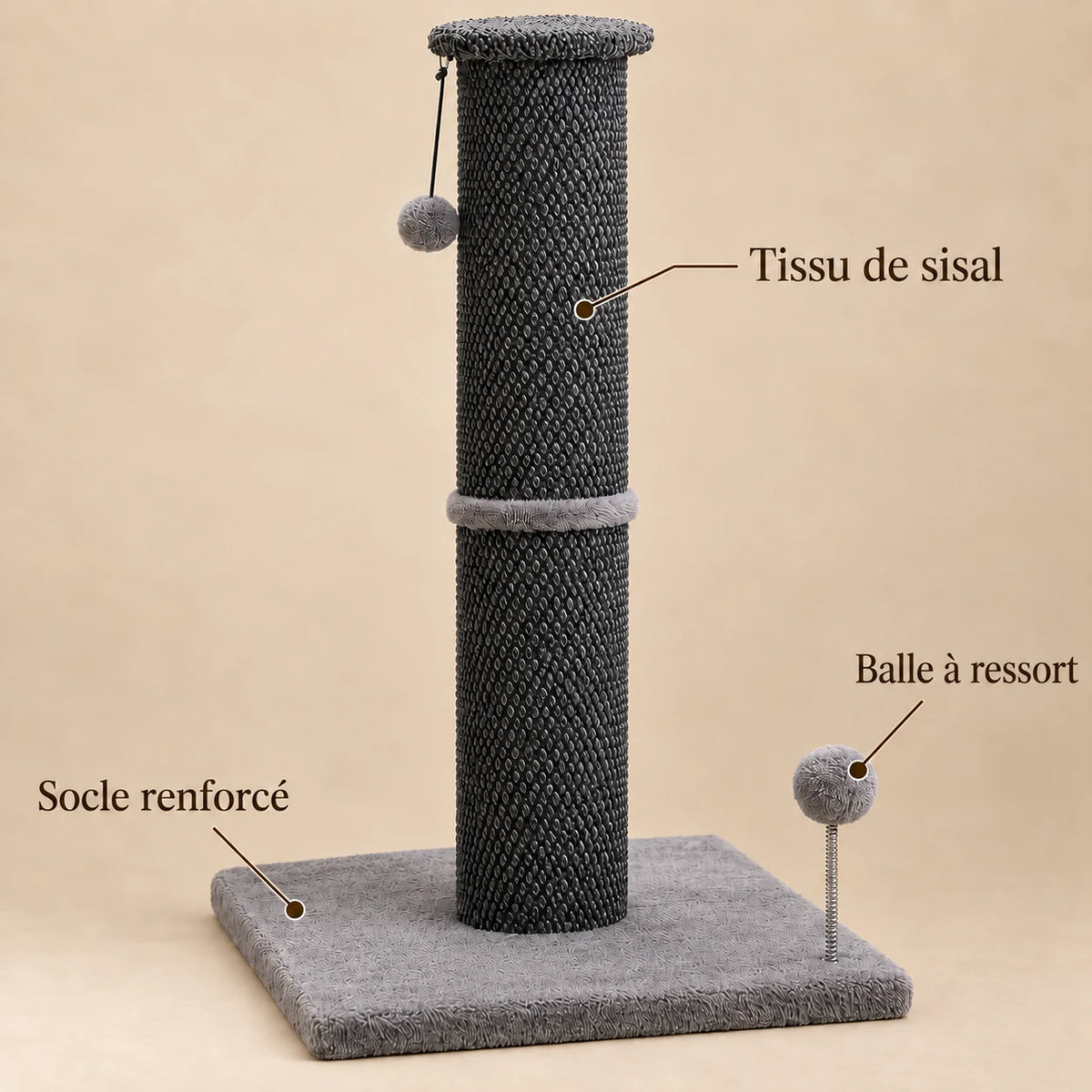 Détails du tissu de sisal anthracite, du socle gris et de la balle à ressort du griffoir Obélisque