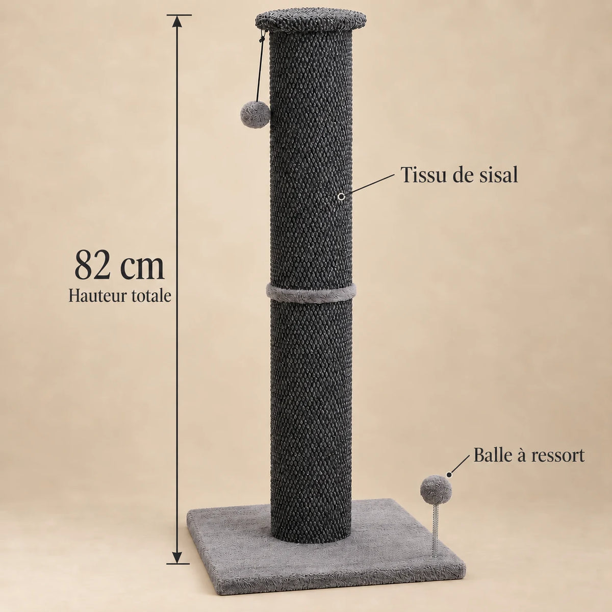 Dimensions du grand griffoir Obélisque en sisal : hauteur totale de 82 cm