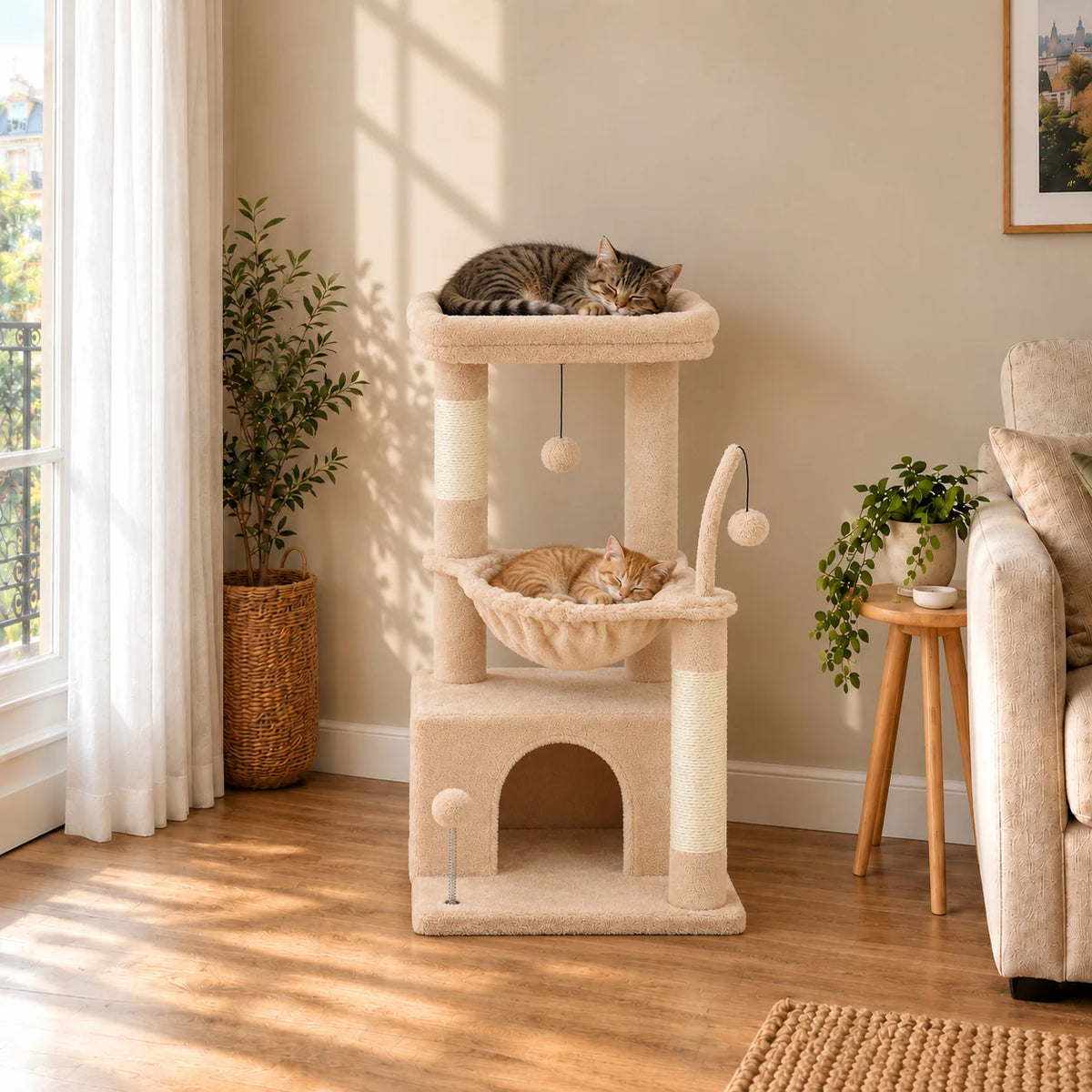 Arbre à chat Nutmeg beige dans un salon avec deux chats endormis sur le couchage et le hamac