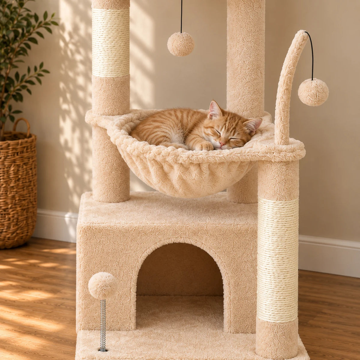 Chat roux endormi dans le hamac beige de l’arbre à chat Nutmeg