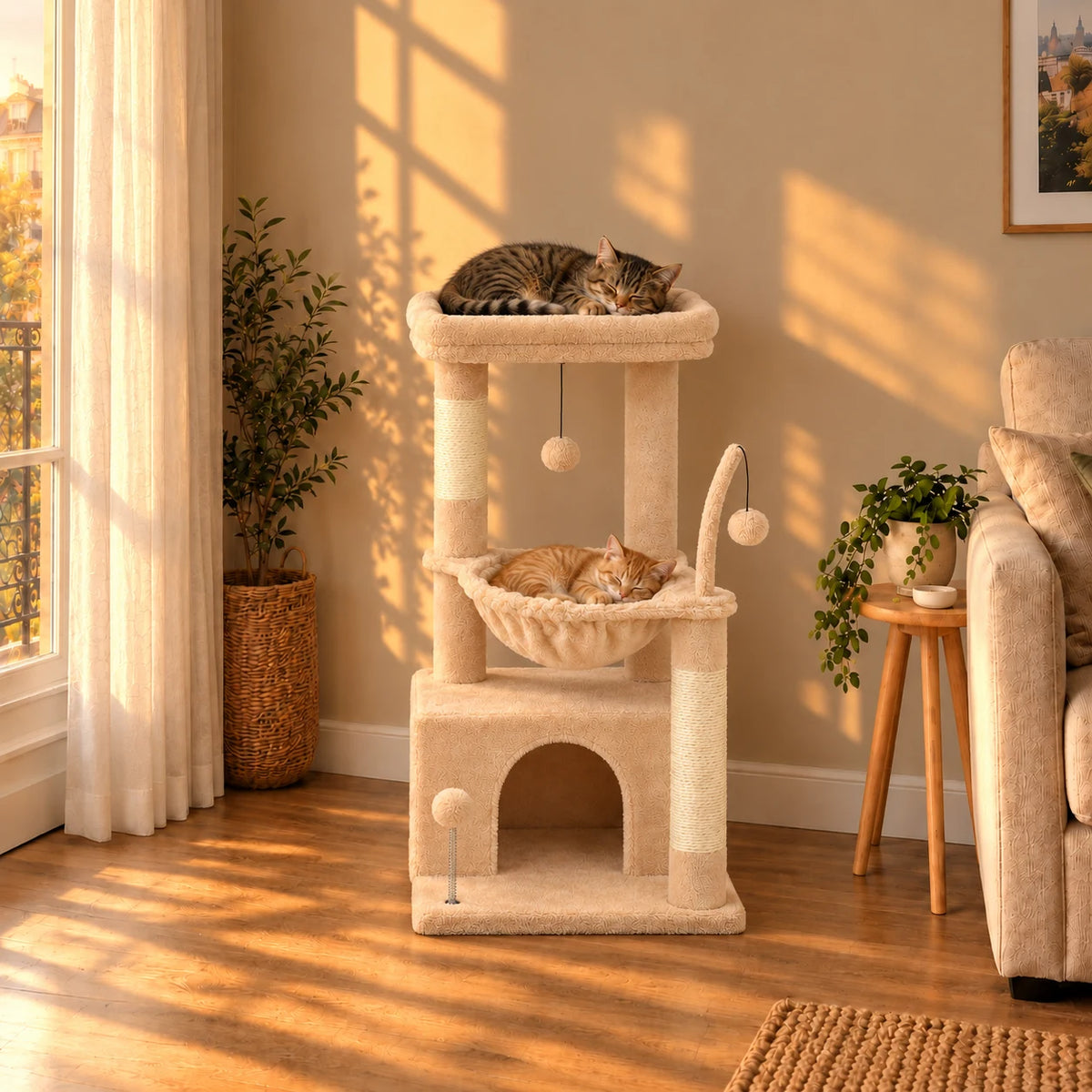 Arbre à chat Nutmeg beige dans le même salon au coucher du soleil avec deux chats endormis