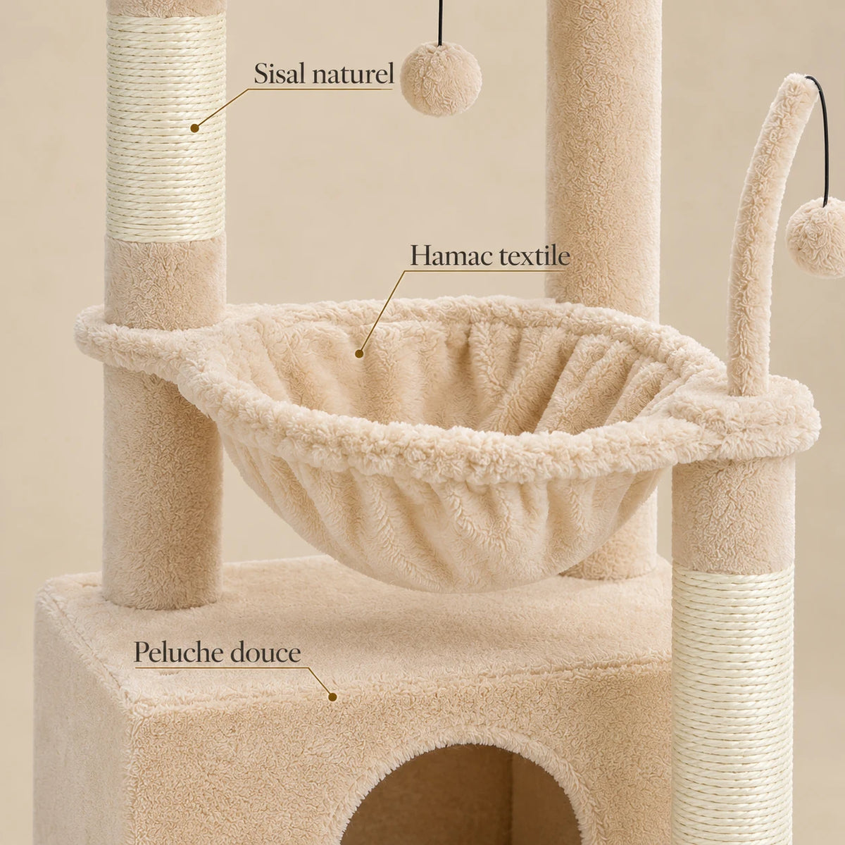 Détails de Nutmeg : peluche beige douce, sisal naturel et hamac textile