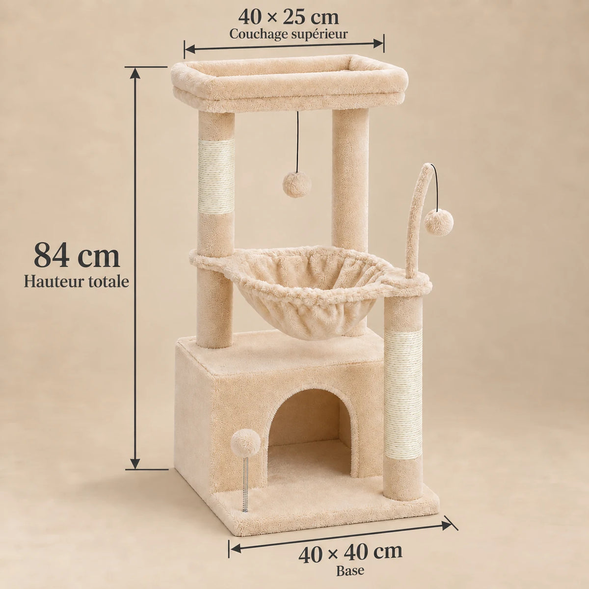 Dimensions de Nutmeg beige : 84 cm de haut, base de 40 × 40 cm et couchage supérieur de 40 × 25 cm