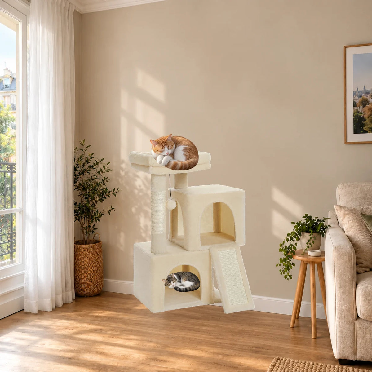 Arbre à chat Bramley beige dans un salon avec deux chatons endormis sur le perchoir et dans une niche