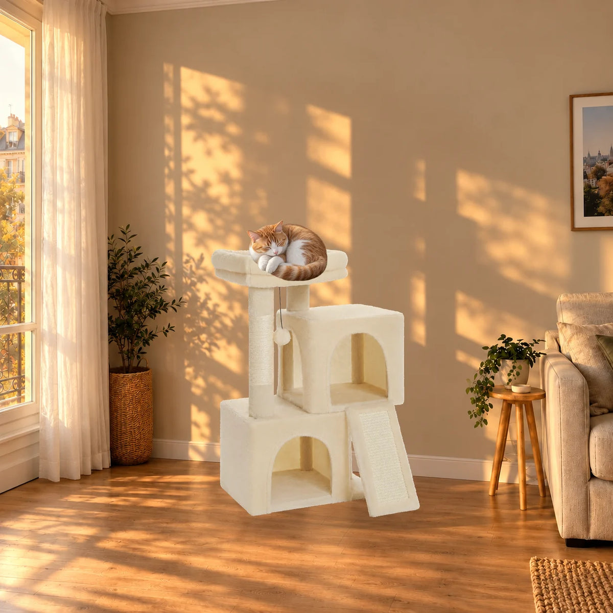 Arbre à chat Bramley beige dans un salon au coucher du soleil avec un chaton roux endormi sur le perchoir