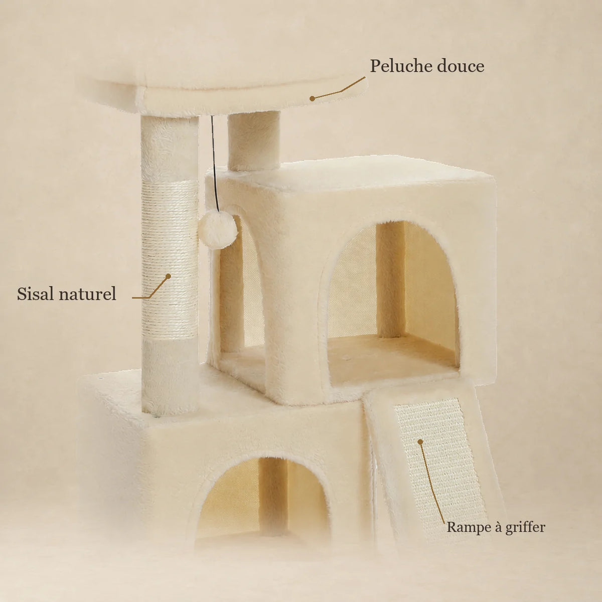 Détails de la peluche beige, du poteau en sisal naturel et de la rampe à griffer de l’arbre à chat Bramley