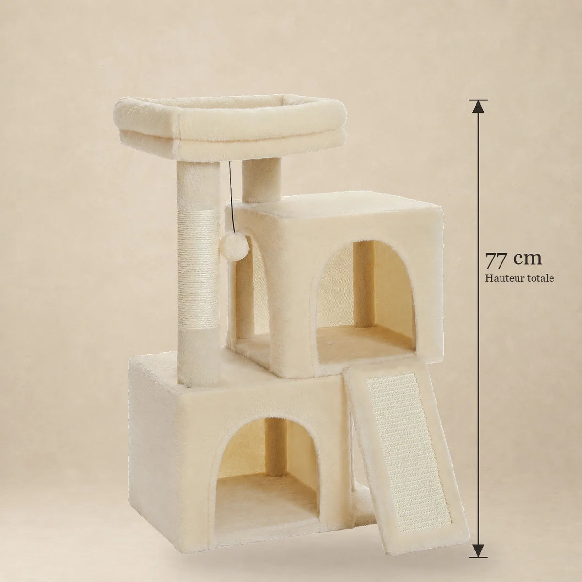 Dimensions vérifiées de l’arbre à chat Bramley beige : hauteur totale de 77 cm